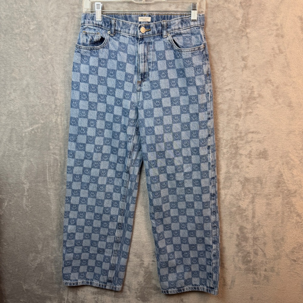 PacSun Jeans‎ Kids 14 Blue Checkered Smiley Face Wide Leg Denim Pants Streetwear